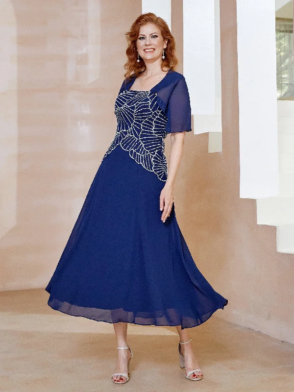 Square Neckline Beaded Chiffon A-line Dress Navy Blue Maxi Flowy Bohemian