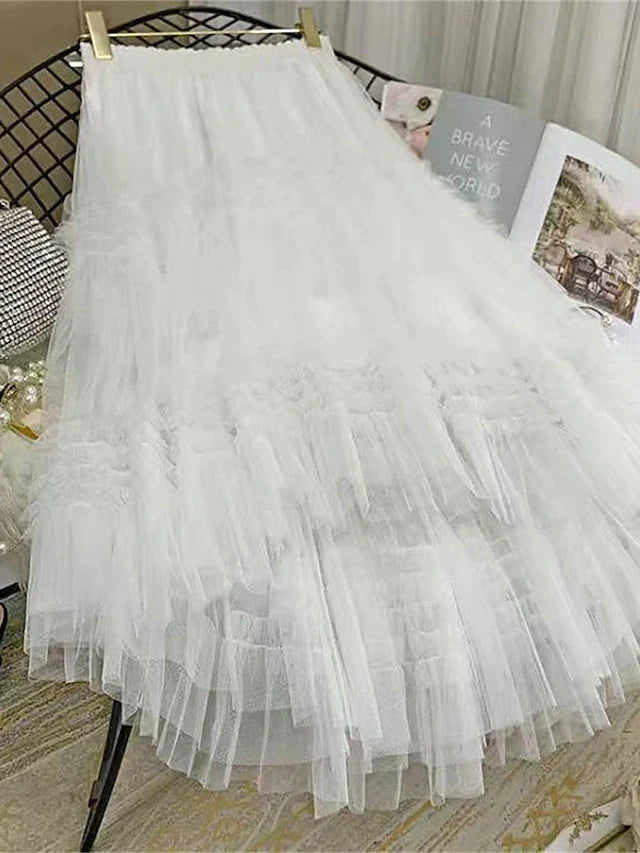 Flowy White Ruffle Tulle Hi Low Skirt leather skirt sleek