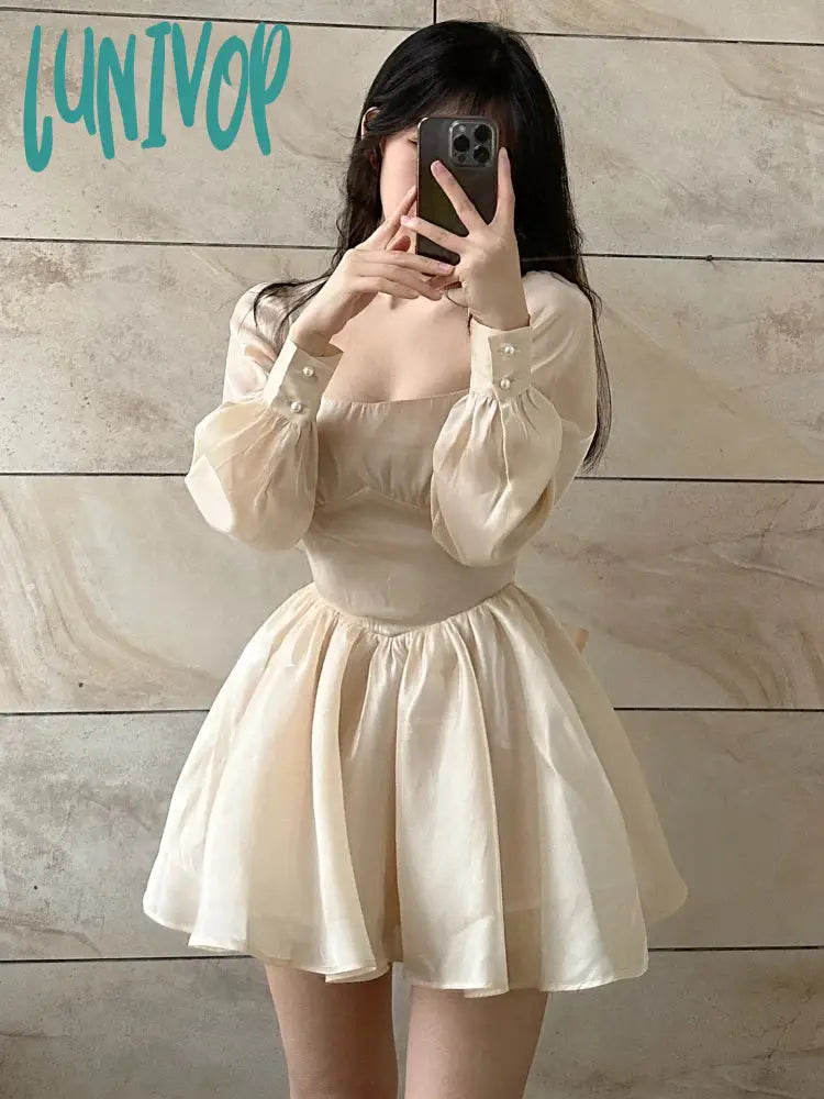 Lunivop Summer Apricot France Elegant Dress Women Bow Vintage Party Dress Female Lantern Sleeve Korean Fashion Designer Dress New Square Neckline Feminine Lunivop Summer Apricot France Elegant Dress Women Bow Vintage Party Dress Female Lantern Sleeve Korean Fashion Designer Dress New Square Neckline Feminine
