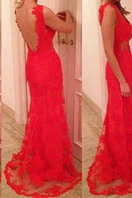 Charming Mermaid Red V-Neck Prom Dress Lace Party Dress Tunics Chic elegant