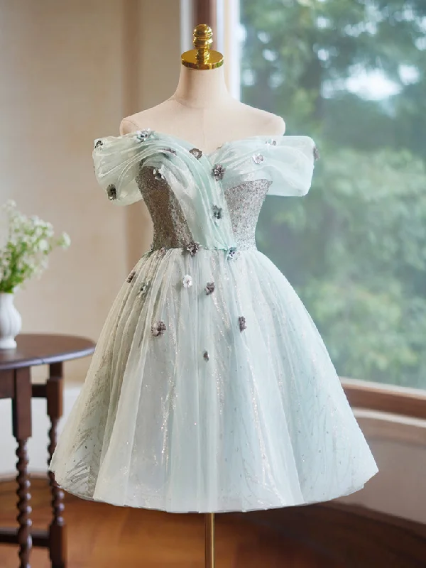 A-Line Off Shoulder Tulle Short Prom Dress, Green Homecoming Dress Tunic Top Casual
