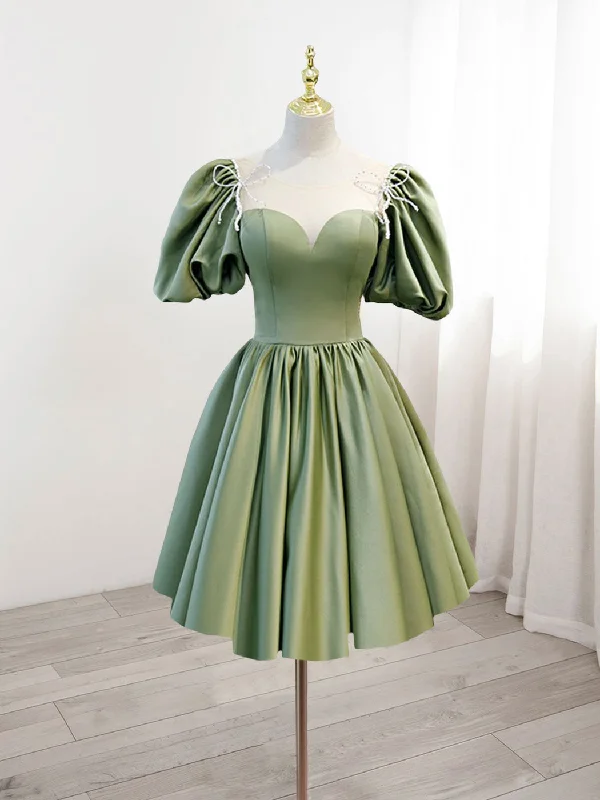 A-Line Green Puffy Sleeve Satin Short Prom Dress, Green Short Formal Dress Tunics Silk luxurious A-Line Green Puffy Sleeve Satin Short Prom Dress, Green Short Formal Dress Tunics Silk luxurious