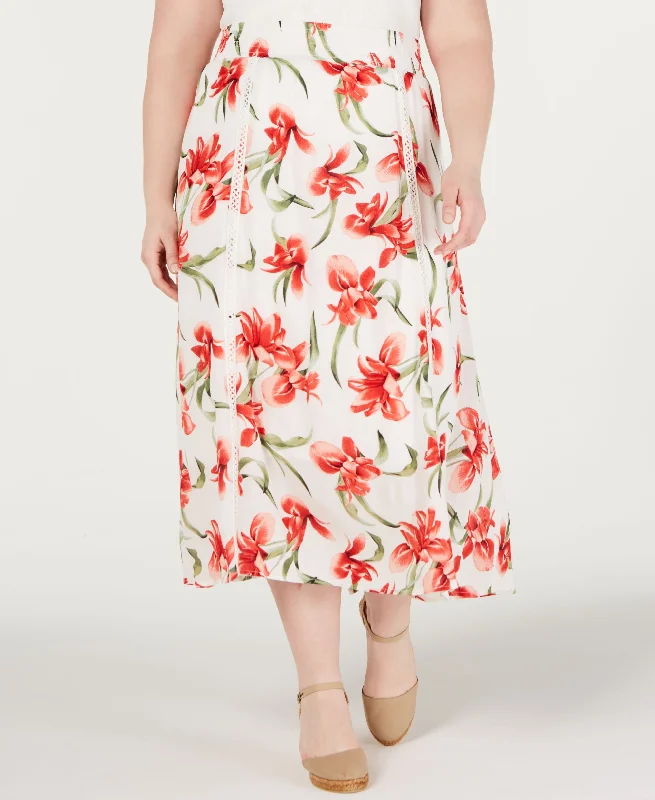 Plus Size Floral-Print A-Line Skirt denim skirt classic