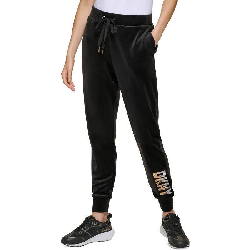 DKNY Womens Velour Sequined Logo Jogger Pants Slim Fit Casual Pants