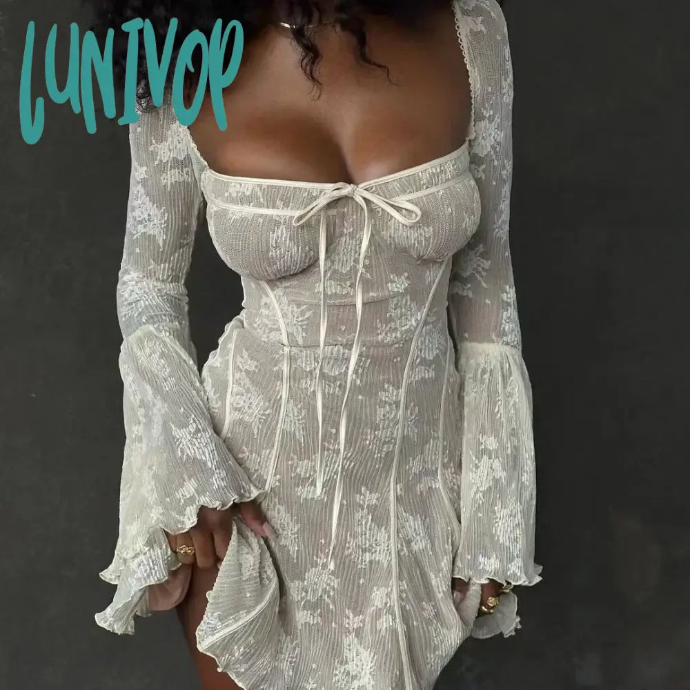 Lunivop Mingmingxi Women Elegant Flare Sleeve Dress Mini A Line Lace Birthday Party Dress Lovely White Slim Casual Autumn Dress Tunics Versatile functional Lunivop Mingmingxi Women Elegant Flare Sleeve Dress Mini A Line Lace Birthday Party Dress Lovely White Slim Casual Autumn Dress Tunics Versatile functional