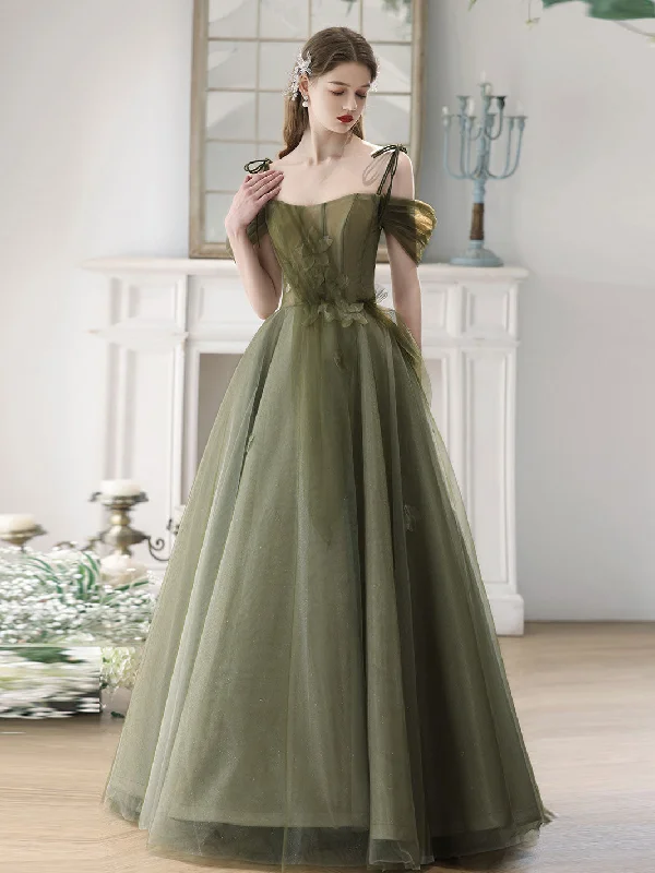 A-Line Off Shoulder Green Tulle Long Prom Dress, Green Formal Dresses Tunics Fleece cozy A-Line Off Shoulder Green Tulle Long Prom Dress, Green Formal Dresses Tunics Fleece cozy