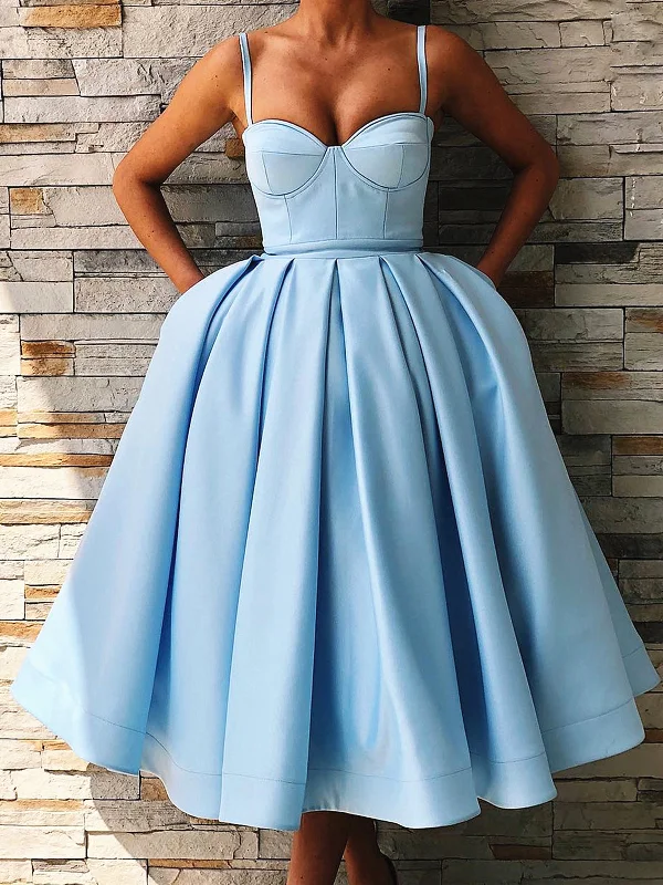Sweethart Neck Tea Length Blue Prom Dresses, Tea Length Blue Formal Gowns, Blue Graduation Homecoming Dresses Tunics Solid Classic Sweethart Neck Tea Length Blue Prom Dresses, Tea Length Blue Formal Gowns, Blue Graduation Homecoming Dresses Tunics Solid Classic
