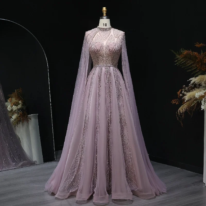 Luxury Pink Evening Dress with Cape Sleeves SS050 Tunics Solid Classic