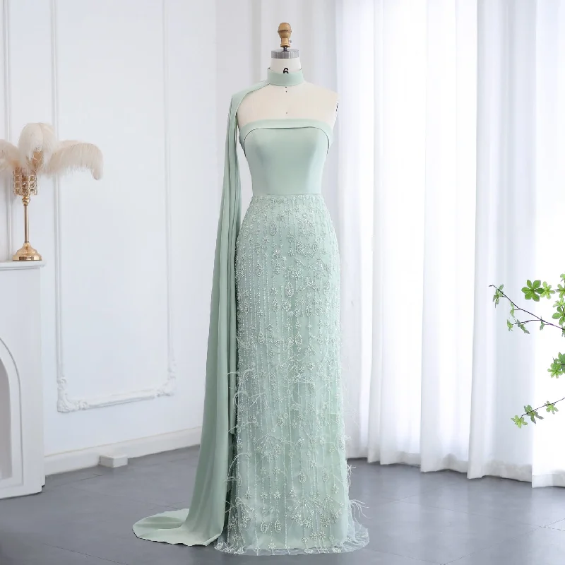 Luxury Sage Green Feathers Evening Dress with Scarf Cape SS014 Tunics Running lightweight Luxury Sage Green Feathers Evening Dress with Scarf Cape SS014 Tunics Running lightweight