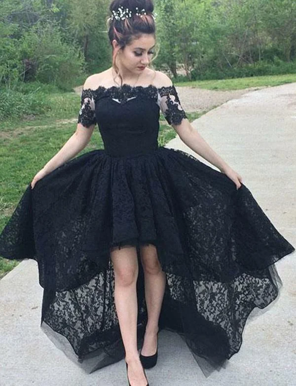 Black Lace Prom Dress High Low, Graduation School Party Dress, Winter Formal Dress Tunics Evening elegant Black Lace Prom Dress High Low, Graduation School Party Dress, Winter Formal Dress Tunics Evening elegant