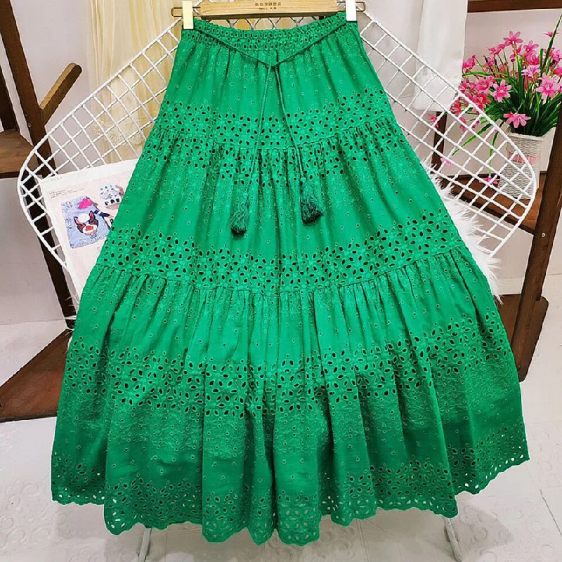 Green Eyelet Boho Maxi Skirt slim fit skirt