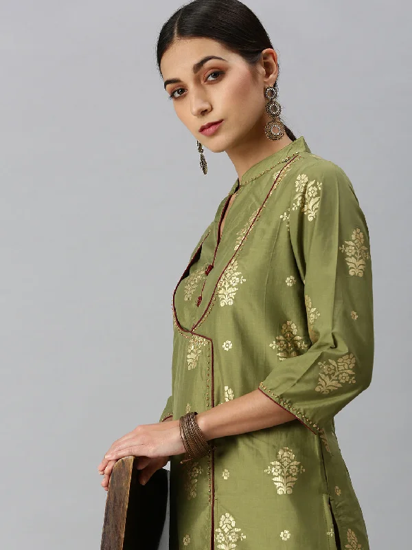 Women A-Line Olive Printed Kurta and Skirt-DW8910-Olive linen skirt light