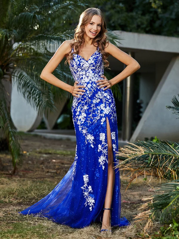 Lace Applique High Slit Fitted Tulle Dress Royal Blue Tunics Long Elegant