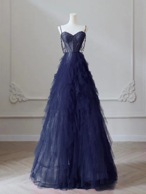 A-Line Sweetheart Neck Tulle Dark Blue Long Prom Dress, Dark Blue Long Graduation Dress with Beads Tunics Sophisticated sleek A-Line Sweetheart Neck Tulle Dark Blue Long Prom Dress, Dark Blue Long Graduation Dress with Beads Tunics Sophisticated sleek