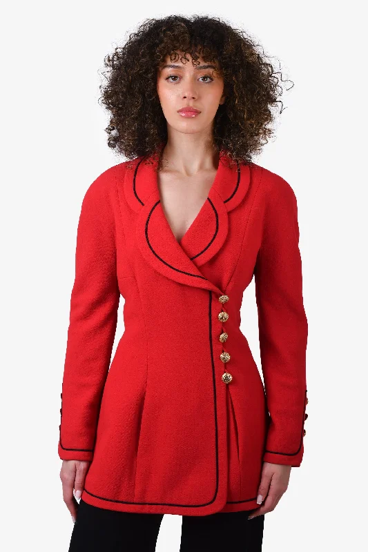 Pre-loved Chanel™ 1990 Red Scalloped Collar Double Breasted Blazer with Gold Buttons Size 38 Women's Custom Suit