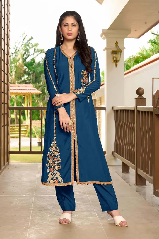 Royal Blue Hand Embroidery Art Silk A Line Pants Kurta Set Comfortable Jogger Trousers