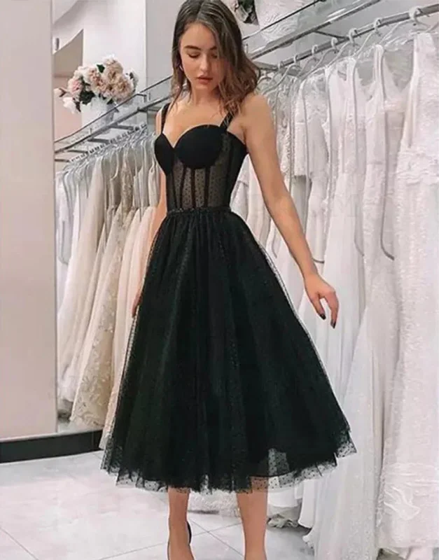 Black Polka Dot Tulle Straps Vintage Homecoming Wedding Party Dresses Turtleneck Neckline Stylish Black Polka Dot Tulle Straps Vintage Homecoming Wedding Party Dresses Turtleneck Neckline Stylish