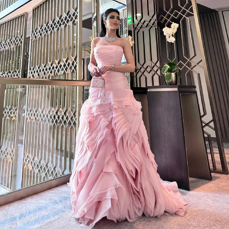 Elegant Strapless Ruffles Pink Evening Dress SF040 Tunics Denim casual