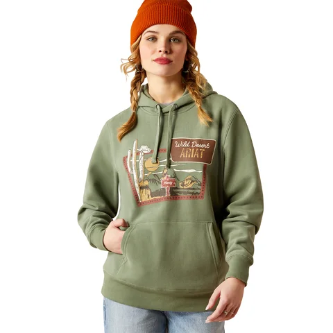 ARIAT ROUTE 66 HOODIE IN OLIVE GREEN Hoodie with Ribbed Neckline Snug Warm