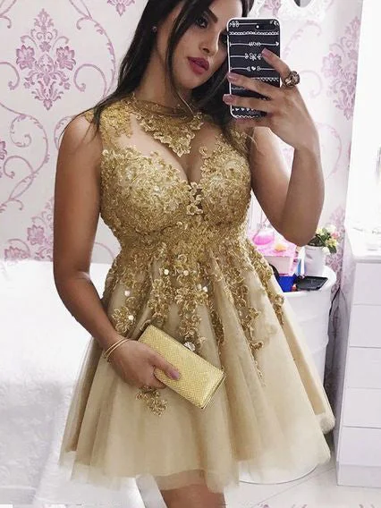 Sparkly Gold Short Prom Dress With Appliques Lace Party Dress OP236 Lace Sexy Club