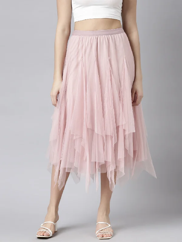 Women Solid Peach Flared Midi Skirt-982-Peach cashmere skirt soft