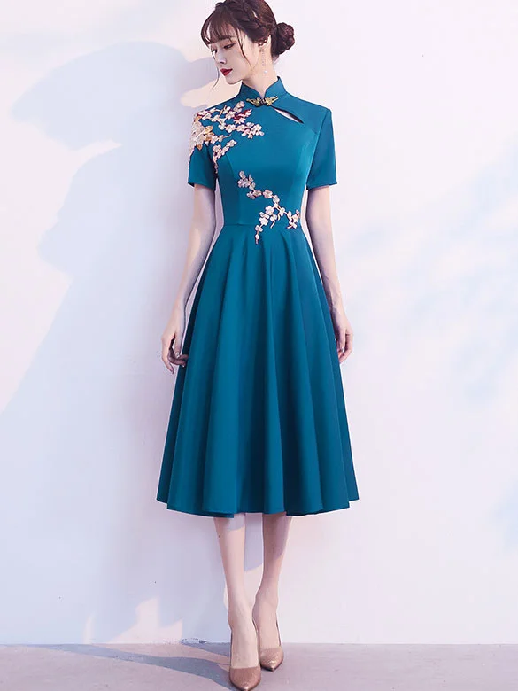 Blue Fit & Flare Cheongsam Qi Pao Party Dress Tunics Luxurious premium