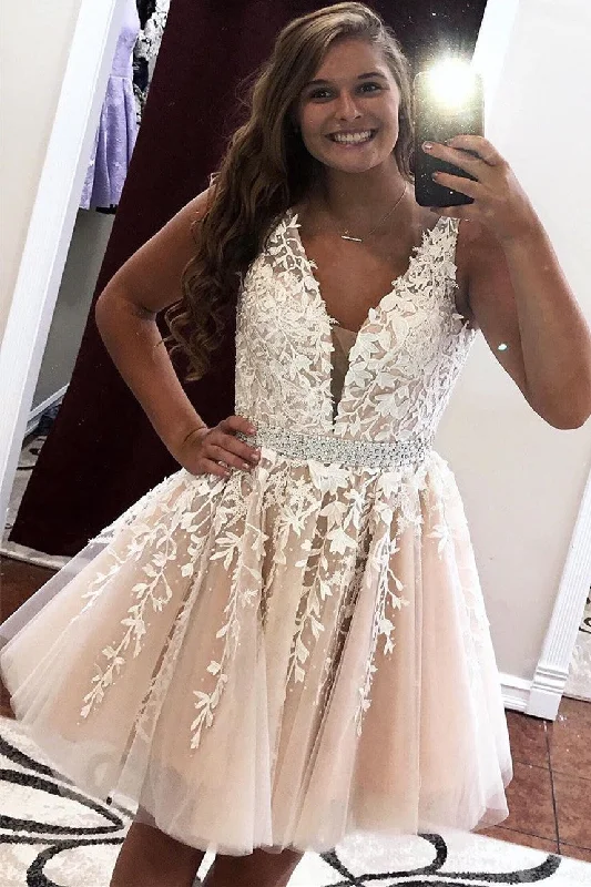 Princess V Neck Short Ivory Lace Party Dress Tunics Bridal satin