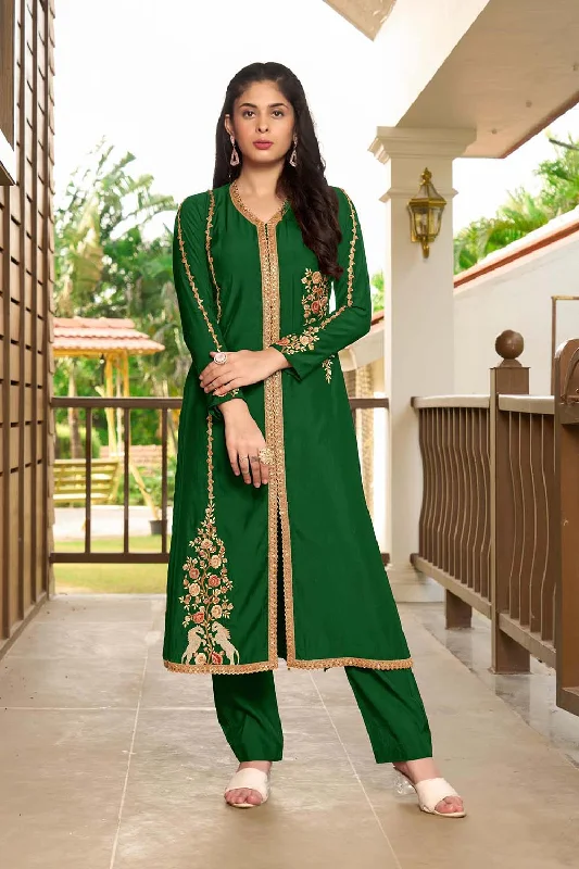 Dark Green Hand Embroidery Art Silk A Line Pants Kurta Set Classic Cropped Pants