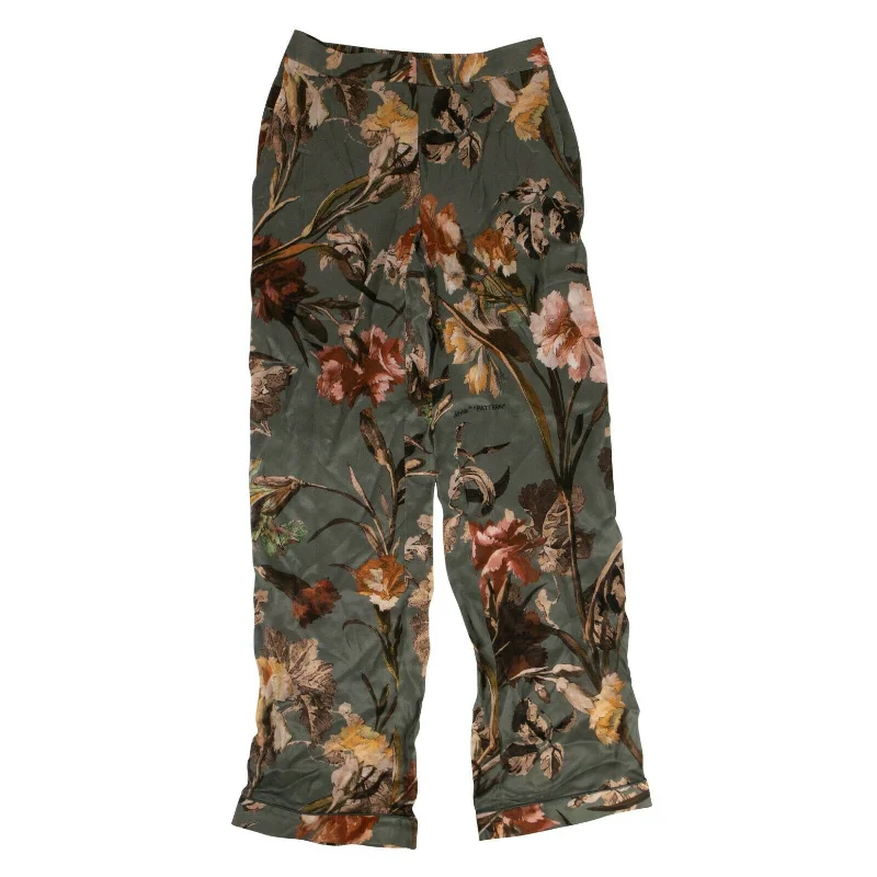 Green Floral Flared Pants Stylish Slim Trousers