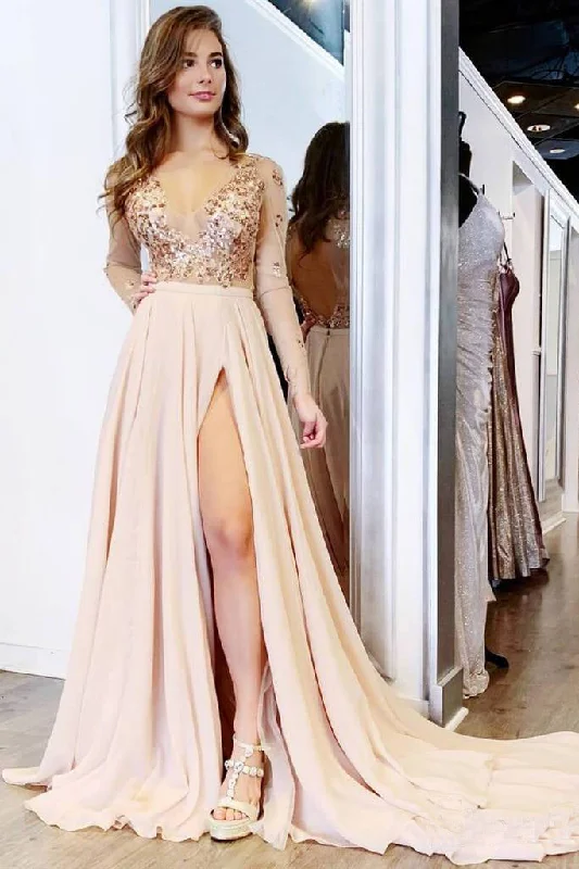 Long Sleeve See Through V Neck Prom Dress Side Slit Formal Prom Party Dress OKH65 Tunics Practical durable Long Sleeve See Through V Neck Prom Dress Side Slit Formal Prom Party Dress OKH65 Tunics Practical durable