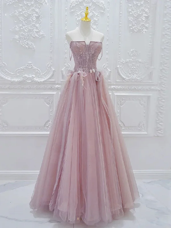 A-Line Tulle Lace Pink Long Prom Dress, Pink Tulle Lace Long Formal Dress Tunics Distressed trendy A-Line Tulle Lace Pink Long Prom Dress, Pink Tulle Lace Long Formal Dress Tunics Distressed trendy