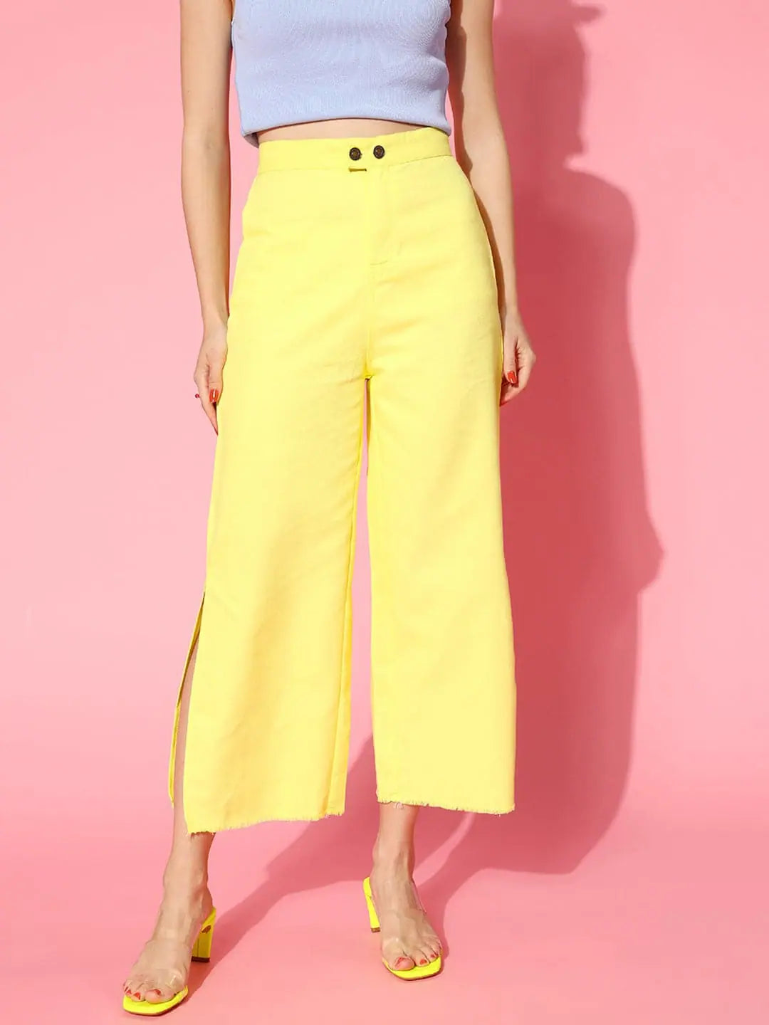 Women Yellow Side Slit Pants Formal Stretch Pants