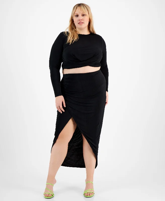 Plus Size Slinky Pull-On Slit-Front Midi Skirt button skirt front