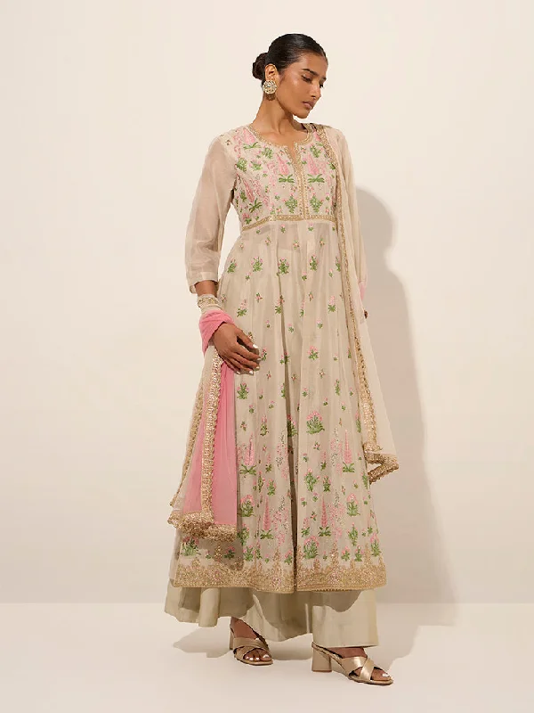 Vark Beige Fit-and-Flare Kurta, Skirt and Dupatta Set linen skirt natural