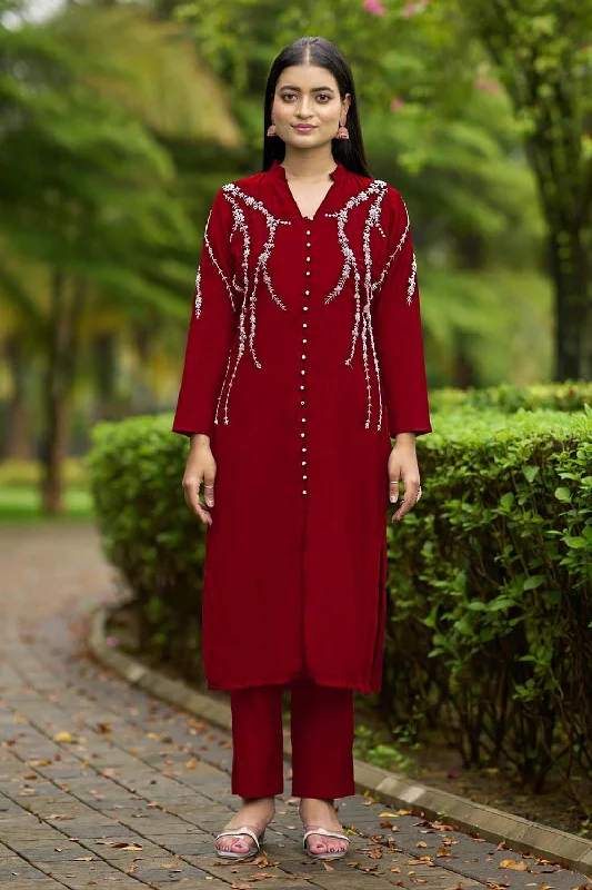 Maroon Hand Embroidery Art Silk Straight Cut Kurta Pants Set Fashionable Sporty Pants