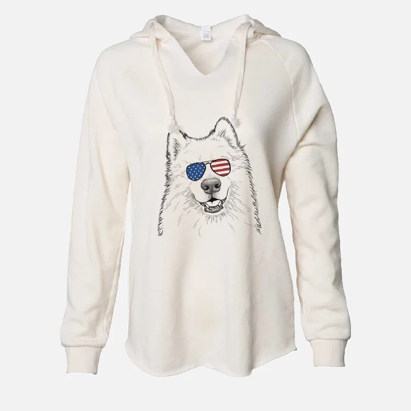 USA Foster the Samoyed - Cali Wave Hooded Sweatshirt Hoodie with Raglan Sleeves Sporty Comfortable USA Foster the Samoyed - Cali Wave Hooded Sweatshirt Hoodie with Raglan Sleeves Sporty Comfortable