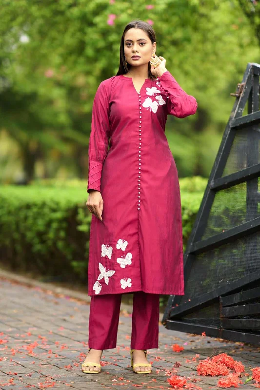 Pink Hand Embroidery Art Silk Straight Cut Kurta Pants Set Casual Wide Pants