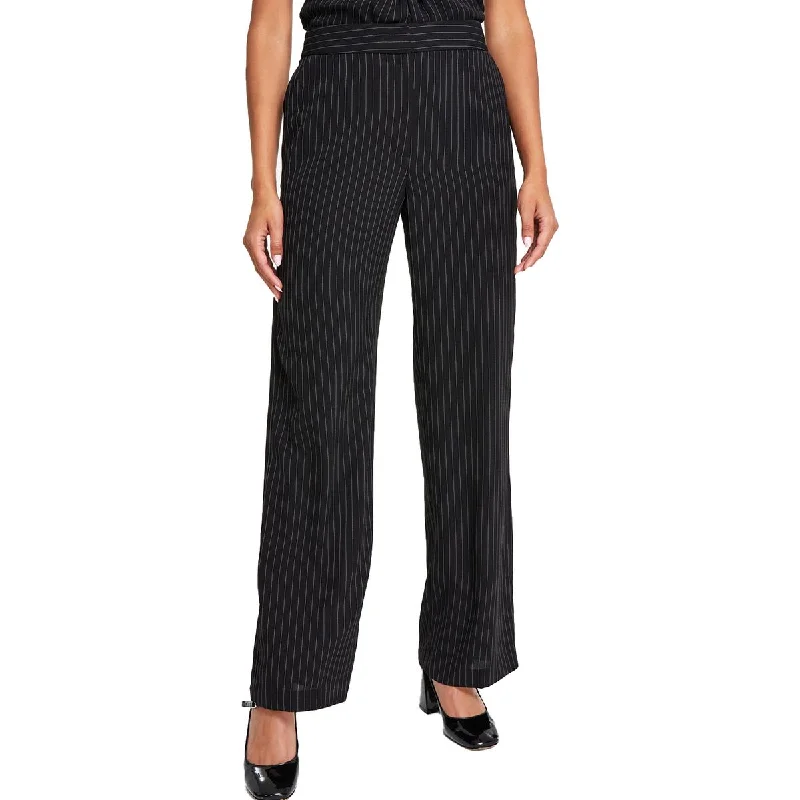DKNY Womens Knit Pinstripe Wide Leg Pants Comfy Zip-Up Pants