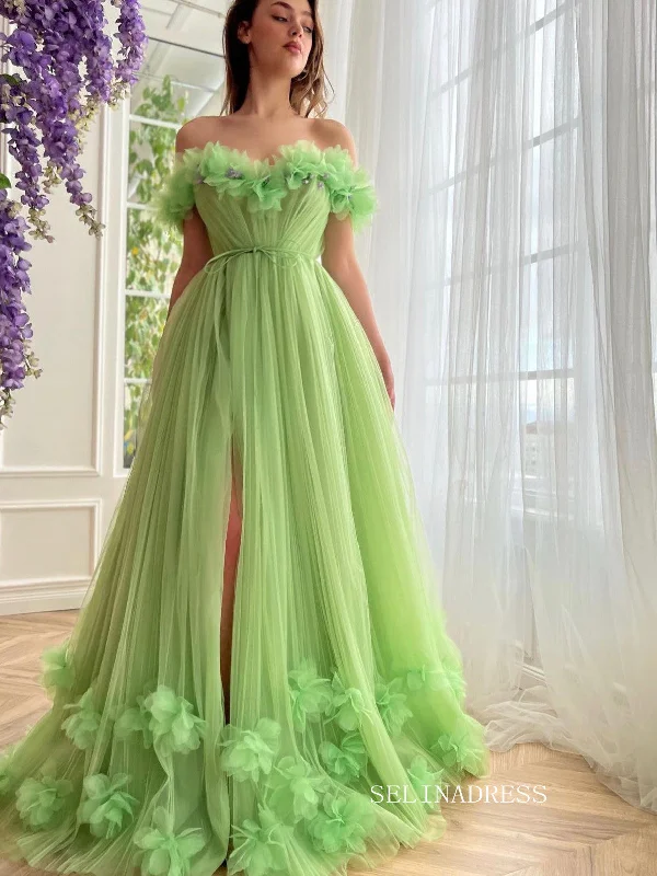 Chic Off-the-shoulder A line Long Prom Dress Green Tulle Party Dress JKL3123 Tunics Spring floral Chic Off-the-shoulder A line Long Prom Dress Green Tulle Party Dress JKL3123 Tunics Spring floral