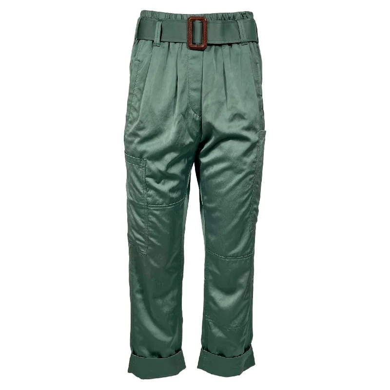 Brunello Cucinelli Belted Straight-Leg Cargo Pants in Green Polyester Elegant Silk Pants