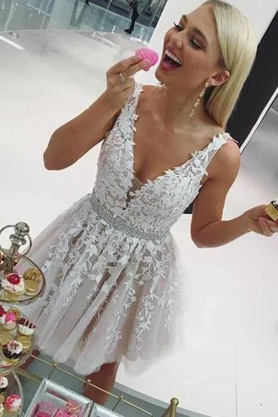 A Line Ivory V Neck Beads Straps Homecoming Dresses with Lace Appliques Short Party Dress sweetheart Neckline Romantic A Line Ivory V Neck Beads Straps Homecoming Dresses with Lace Appliques Short Party Dress sweetheart Neckline Romantic