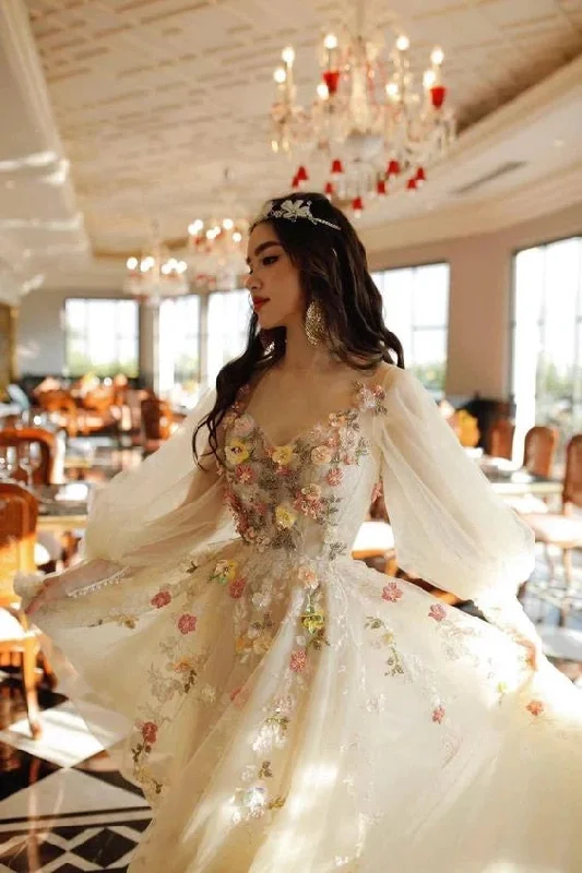 Light Champage A Line Tulle Long Prom Dress With Flowers Pruffy Sleeves Party Dress OK1890 Tunics Trendy modern Light Champage A Line Tulle Long Prom Dress With Flowers Pruffy Sleeves Party Dress OK1890 Tunics Trendy modern
