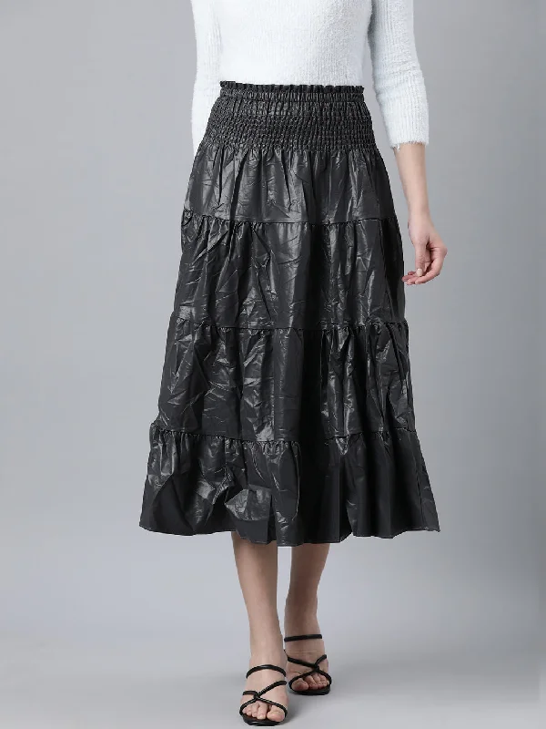 Women Solid Grey Tiered Midi Skirt-811-Grey corduroy skirt cozy