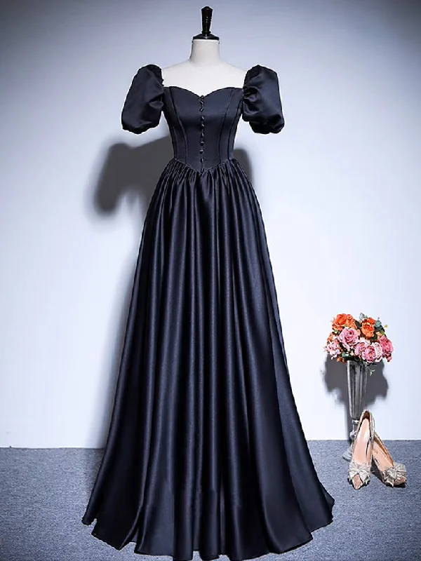 A-Line Satin Puff Sleeves Black Long Prom Dress, Black Long Evening Dress Tunics Brand named A-Line Satin Puff Sleeves Black Long Prom Dress, Black Long Evening Dress Tunics Brand named