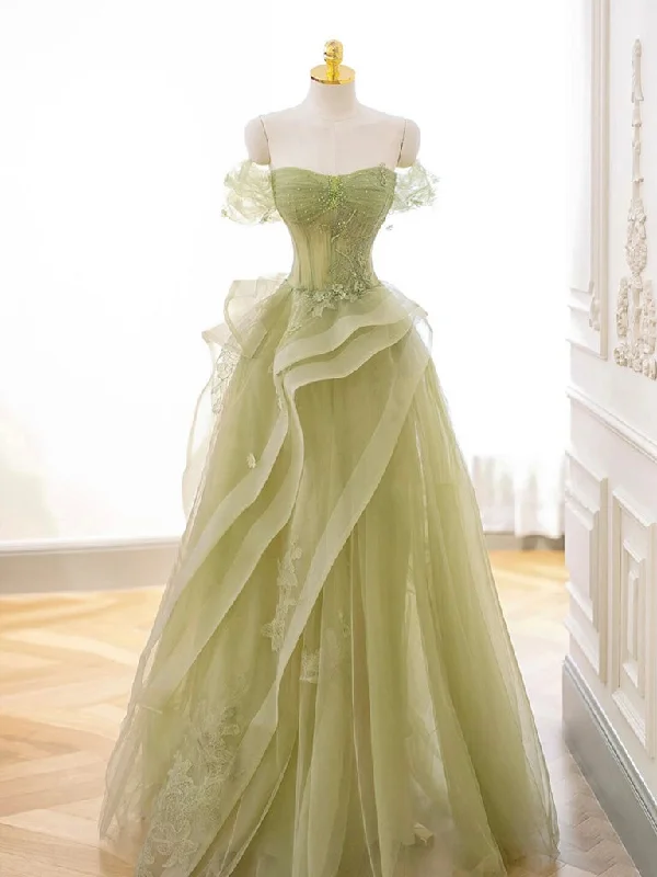 A-Line Off Shoulder Tulle Lace Green Long Prom Dress, Green Lace Long Formal Dress Tunics Stylish modern A-Line Off Shoulder Tulle Lace Green Long Prom Dress, Green Lace Long Formal Dress Tunics Stylish modern