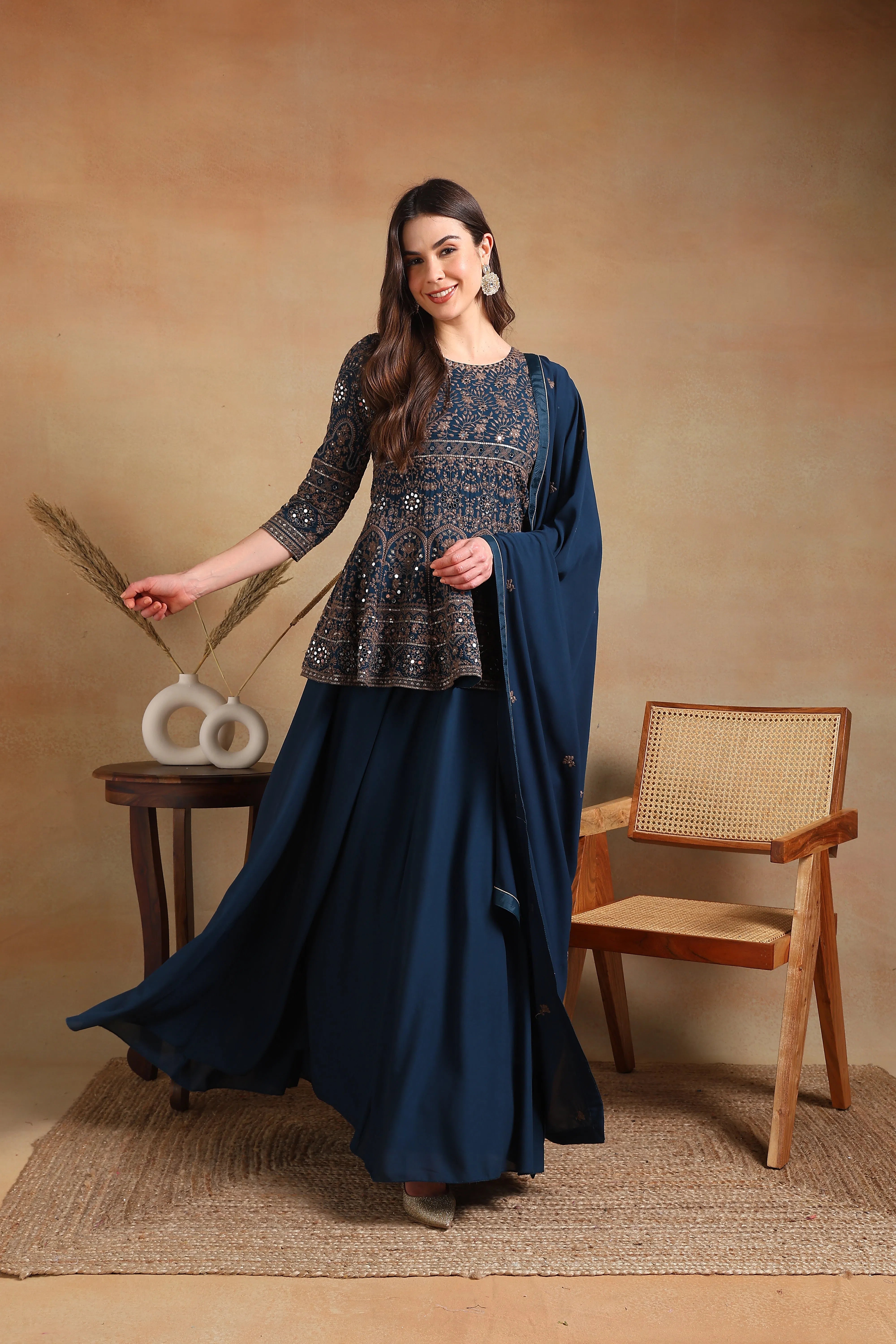 Ahika Women Teal Poly Georgette Embroidered A-Line Kurta Skirt Set With Dupatta-PKSKD2177A_S denim skirt trendy