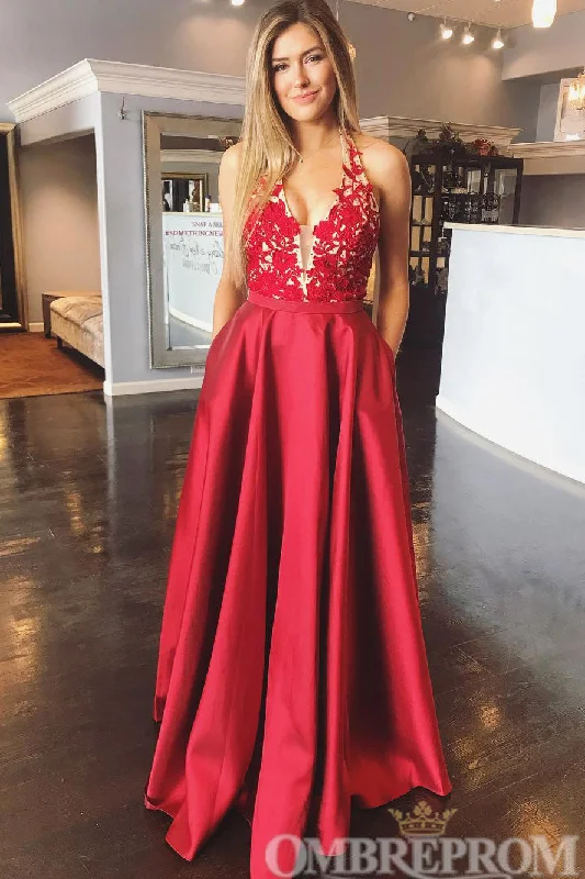 Red A Line Halter Party Dresses Long Prom Dresses Tunics Party sparkling