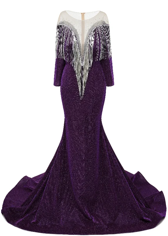 Deep V-neck Shiny Purple Prom Dresses Long sleeves Mermaid Evening Party Dresses Tunics Cozy soft Deep V-neck Shiny Purple Prom Dresses Long sleeves Mermaid Evening Party Dresses Tunics Cozy soft