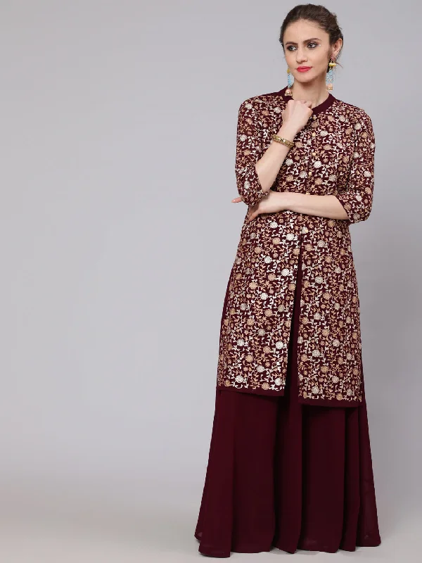 Women's Wine Embroidered Aari Work Straight Kurta With Skirt Set - Aks chiffon skirt floaty