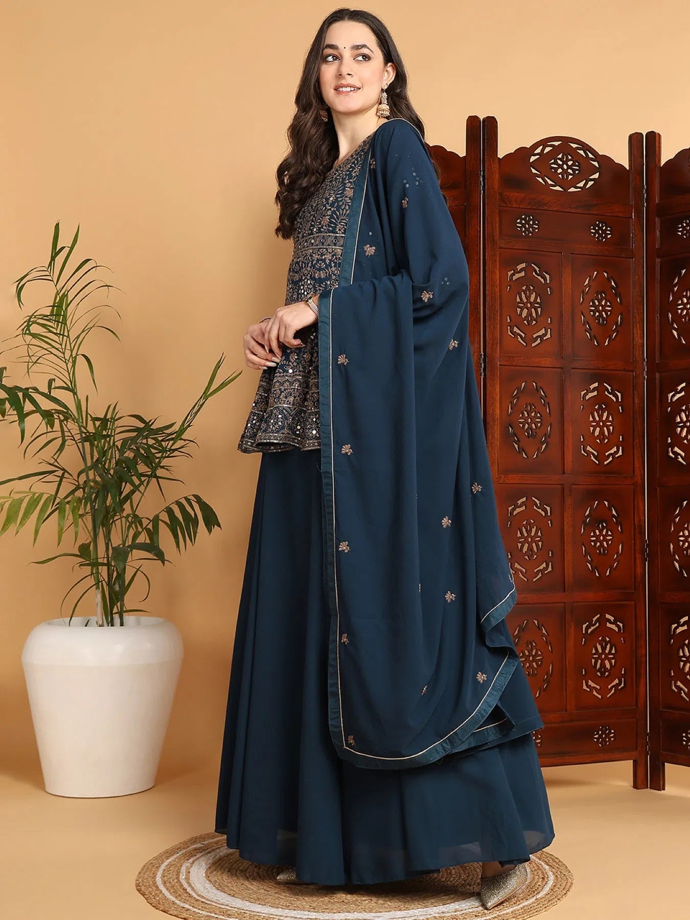 Ahika Women Teal Poly Georgette Embroidered A-Line Kurta Skirt Set With Dupatta-PKSKD2177_S floral skirt print Ahika Women Teal Poly Georgette Embroidered A-Line Kurta Skirt Set With Dupatta-PKSKD2177_S floral skirt print